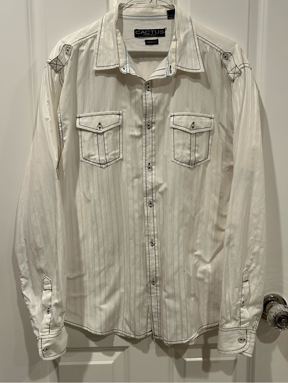 Cactus White Shirt with Black Labels and Teal Stitching